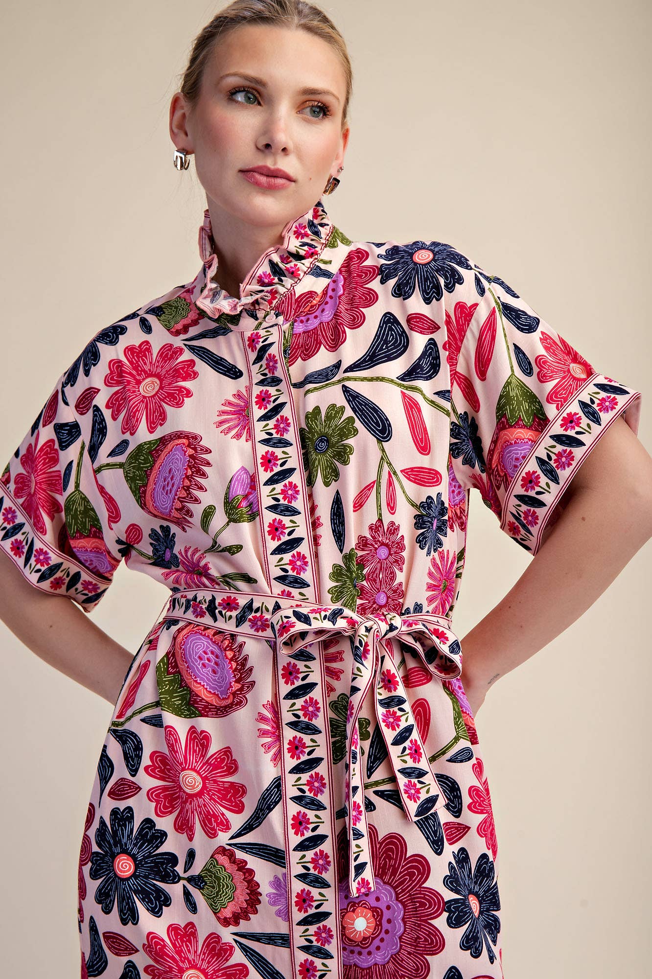 Garden Grace Tie Waist Midi Dress-Pink