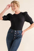 Puffed Sleeve Rib Bodysuit-Black