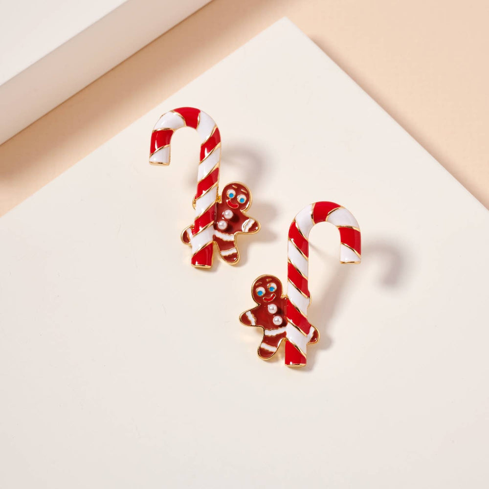 Candy Cane & Gingerbread Man Earrings- Red