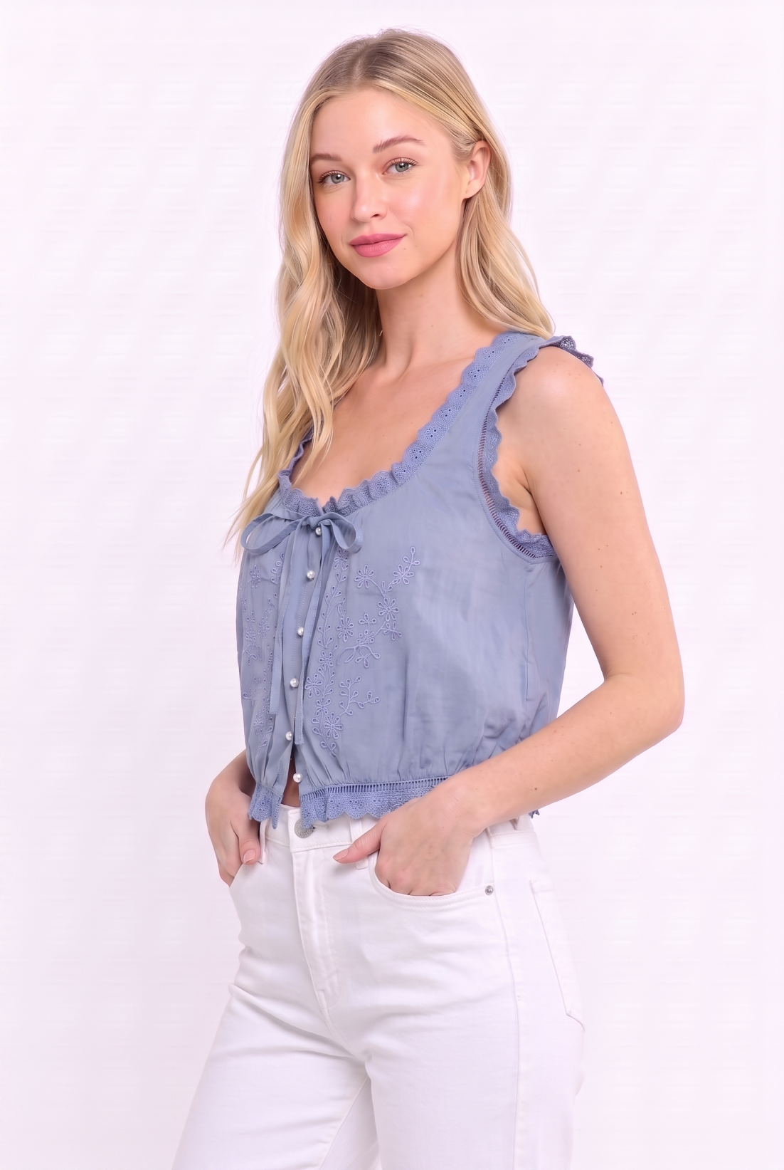 Vintage Grace Embroidered Top-Dusty Blue