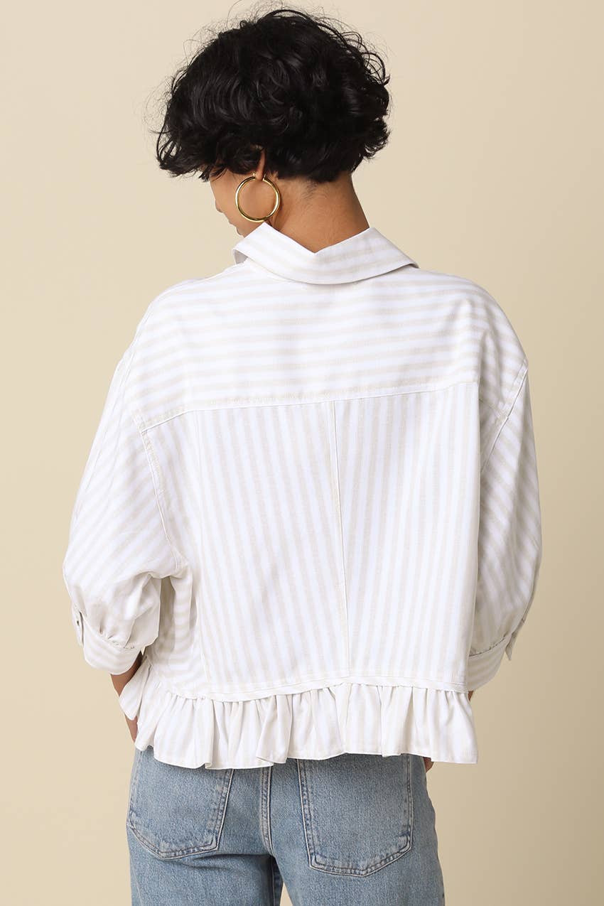 Mattie Striped Ruffle Hem Top-Khaki