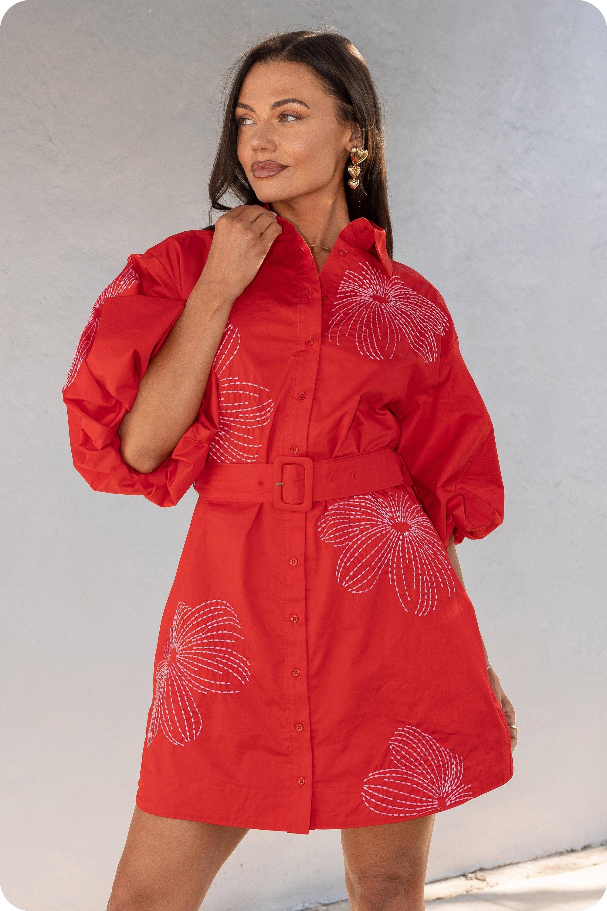 Sweet Flora Puff Sleeve Dress-Red