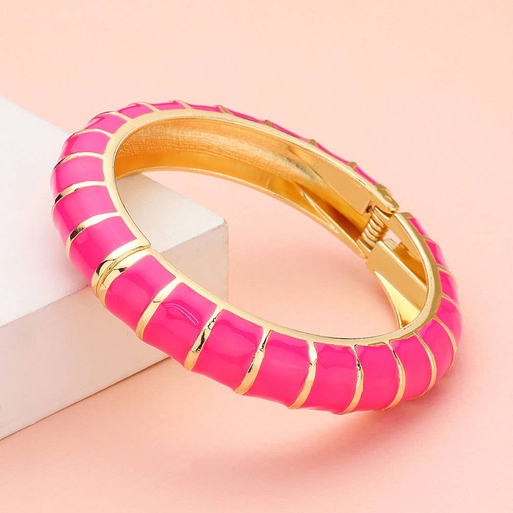Enamel Bamboo Hinged Bangle Bracelet-Pink