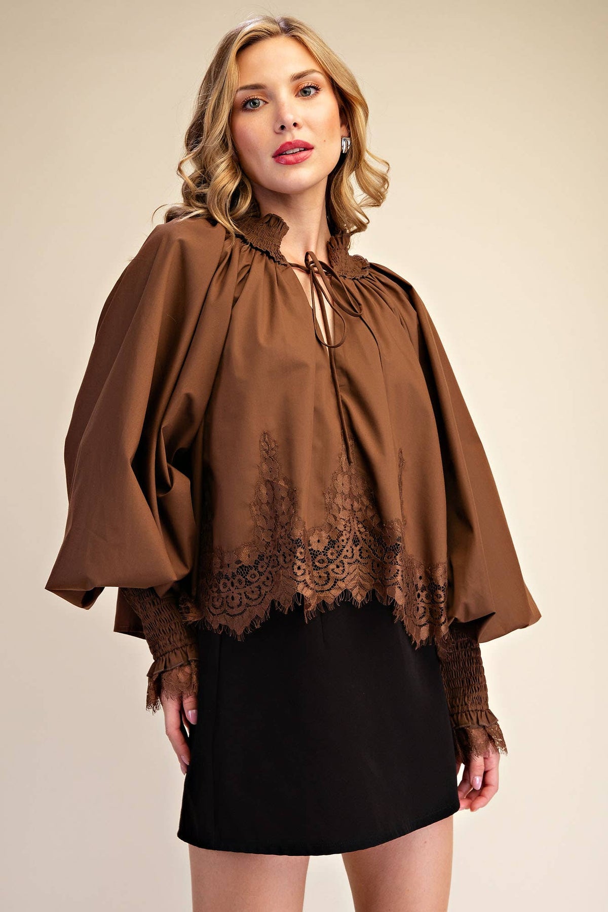 Rosamund Puff Sleeve Top-Brown