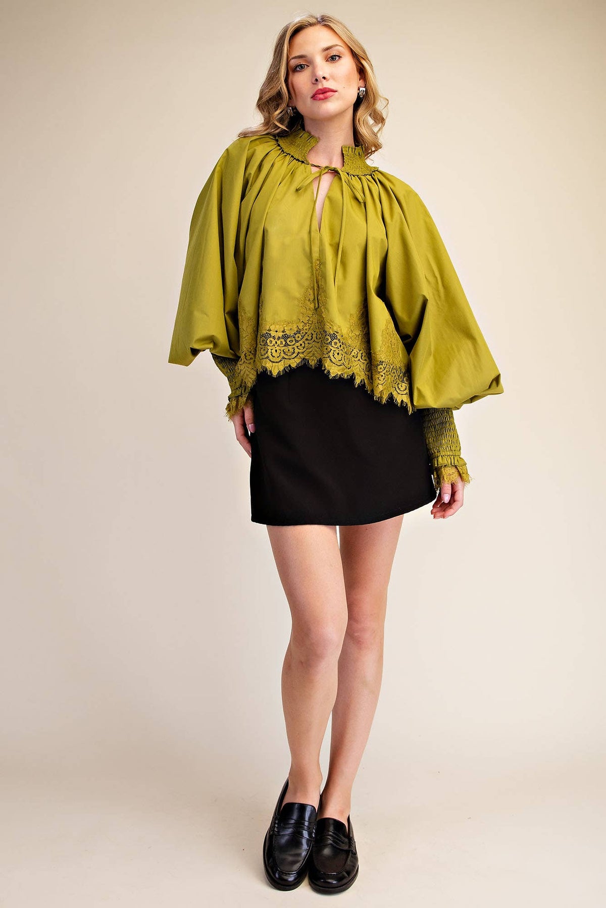 Rosamund Puff Sleeve Top-Olive