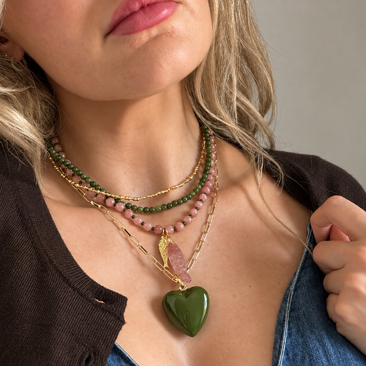 Wander Enamel Heart Medallion Necklace-Olive