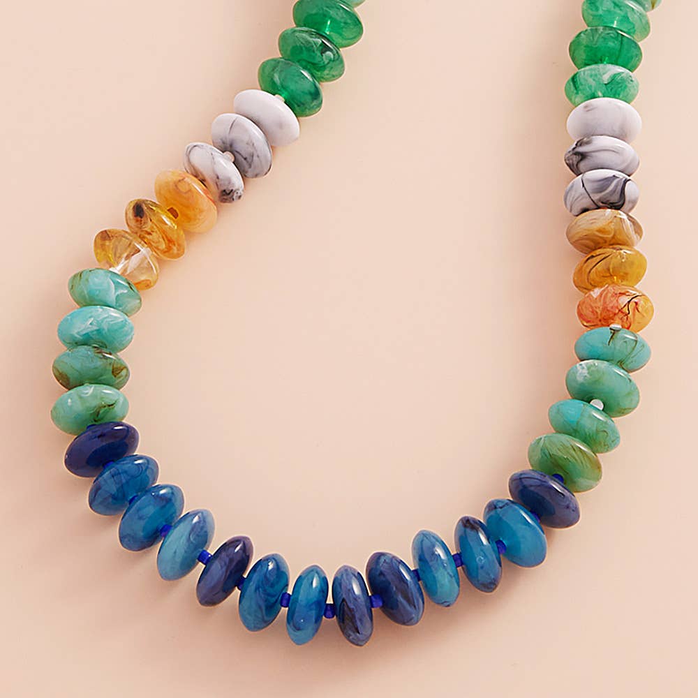 Ombre Resin Oval Disk Beaded Necklace-Blue