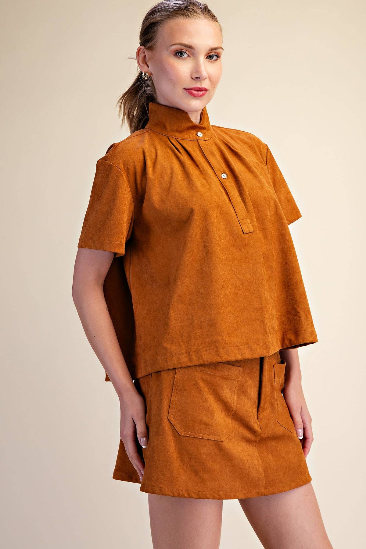 Lucille Stand Collar Top-Camel