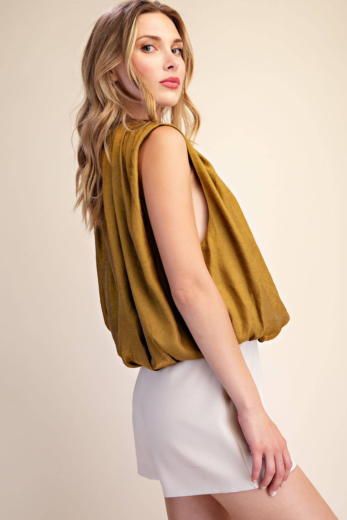 Estelle Pleated Balloon Top-Mustard