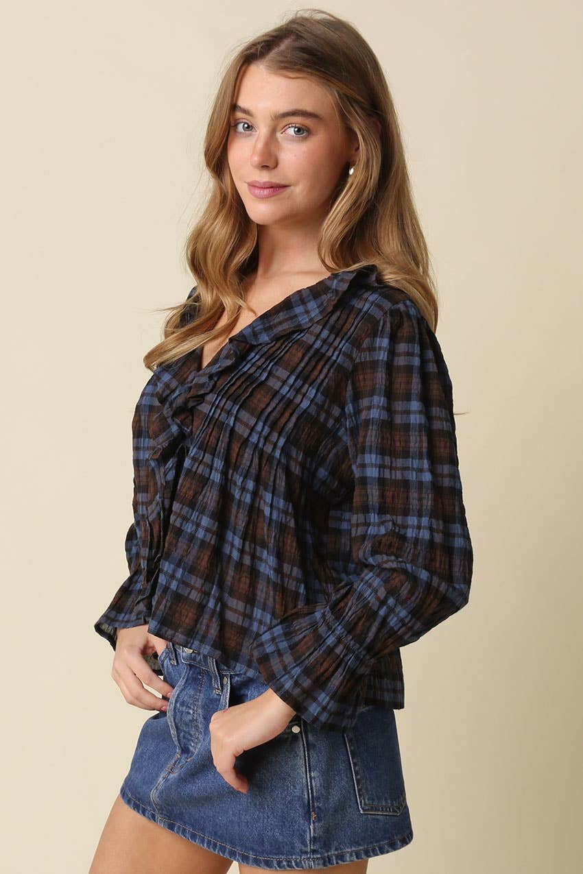 Lena Ruffle Plaid Blouse Top