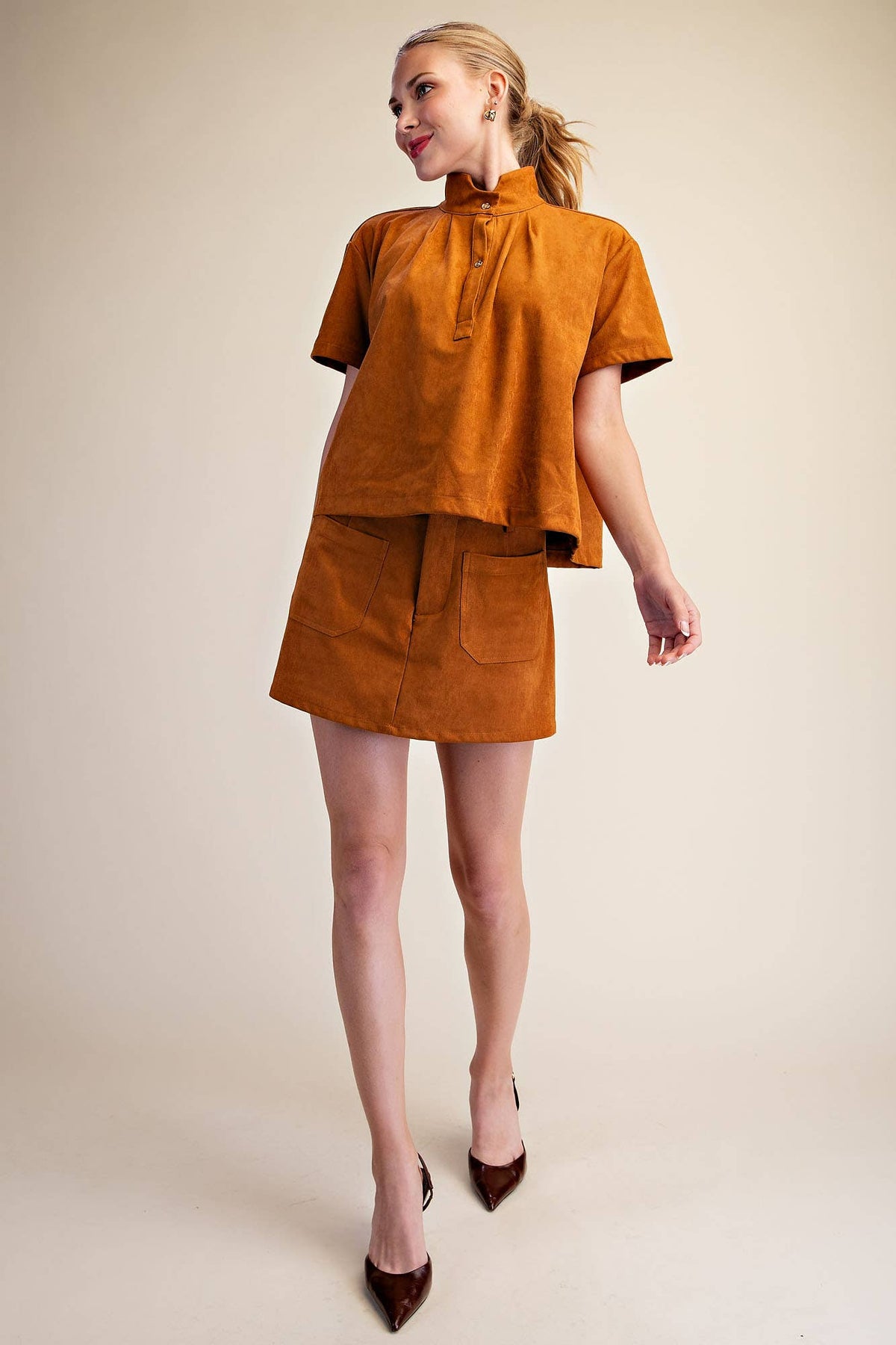 Lucille Stand Collar Top-Camel