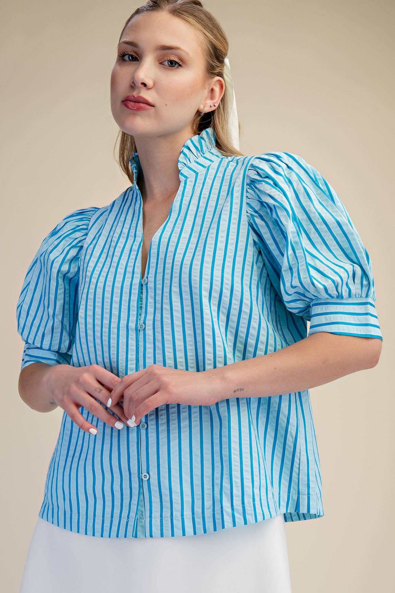 Sweetheart Puff Sleeve Top-Aqua