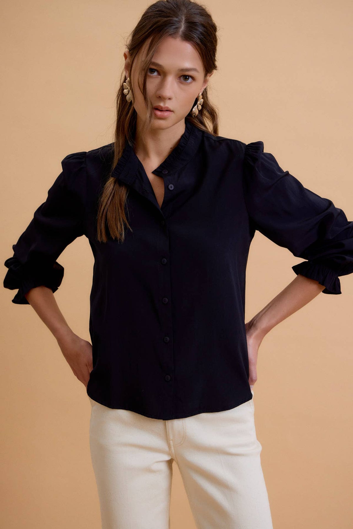 Zaria Mandarin Collar Top-Black