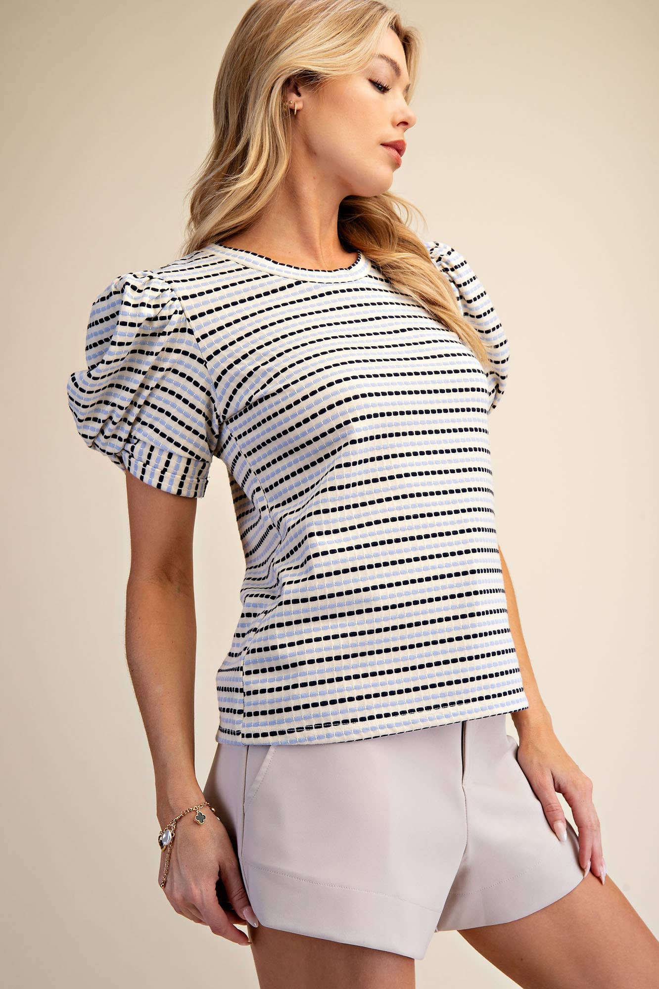 Sunny Stripe Puff Sleeve Top-Blue