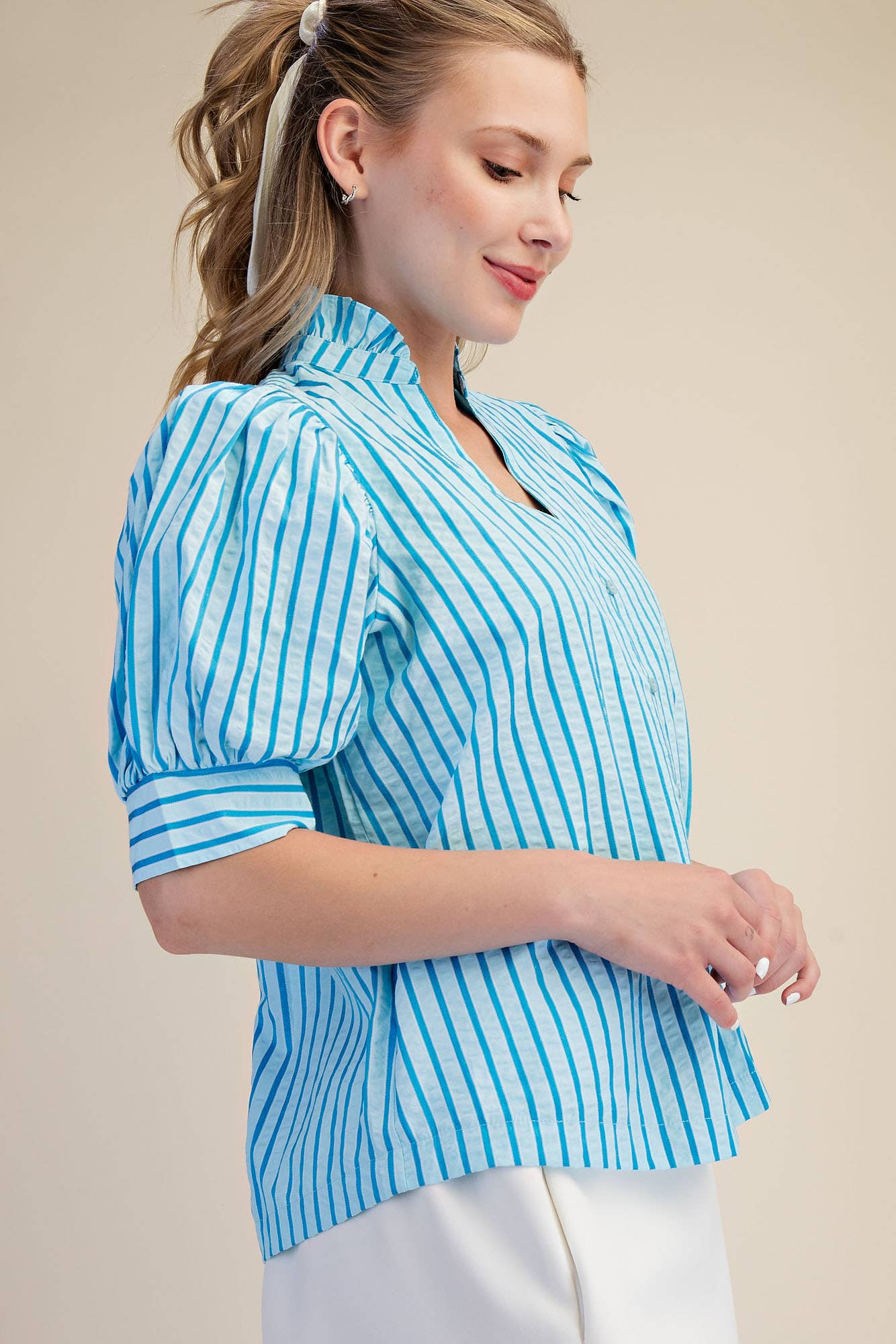 Sweetheart Puff Sleeve Top-Aqua