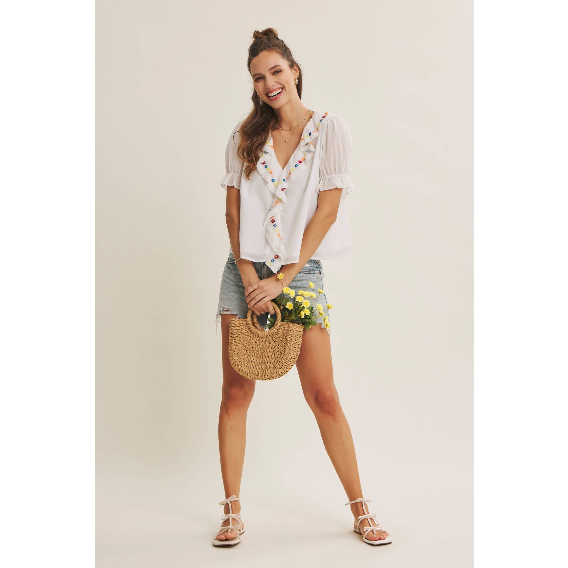 Steps Beach Embroidered Ruffle Top
