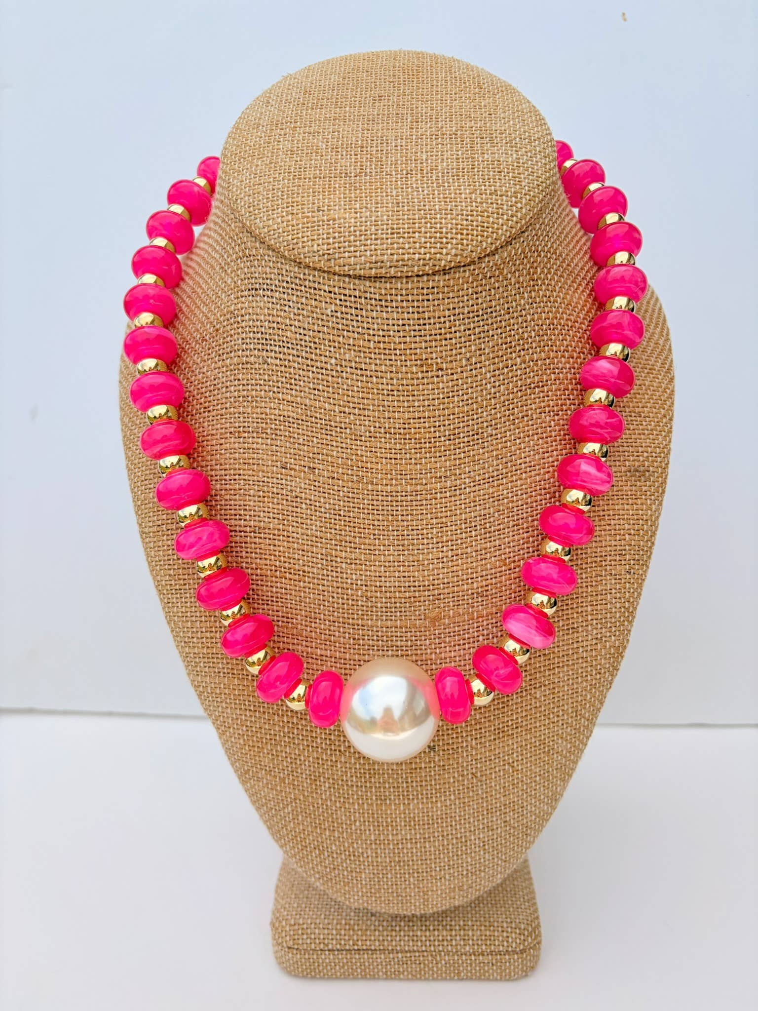 Pearl Beaded Necklace-Hot Pink