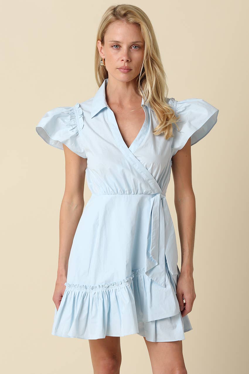 Avah Ruffle Wrap Mini Dress-Blue