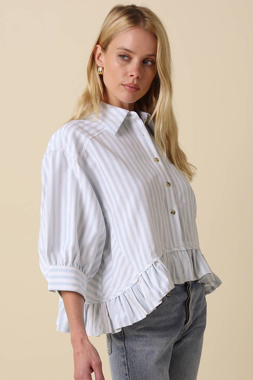 Mattie Striped Ruffle Hem Top-Blue