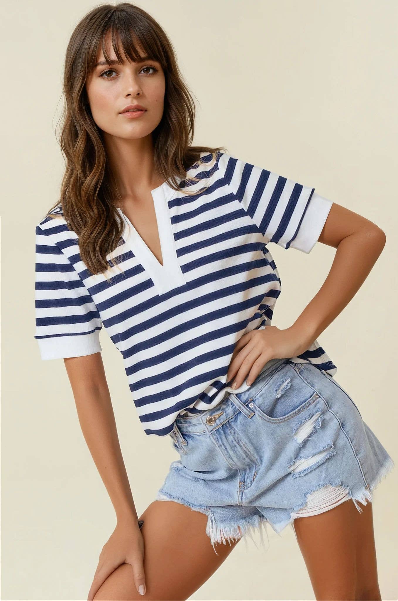 Striped V-Neck Knit Top