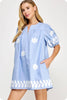 Sweet Flowers Embroidered Mini Dress-Chambray/White