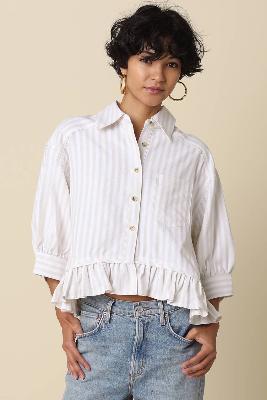 Mattie Striped Ruffle Hem Top-Khaki