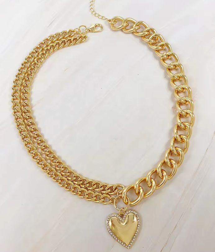 Whole Hearted Chain Heart Crystal Necklace- Yellow Gold