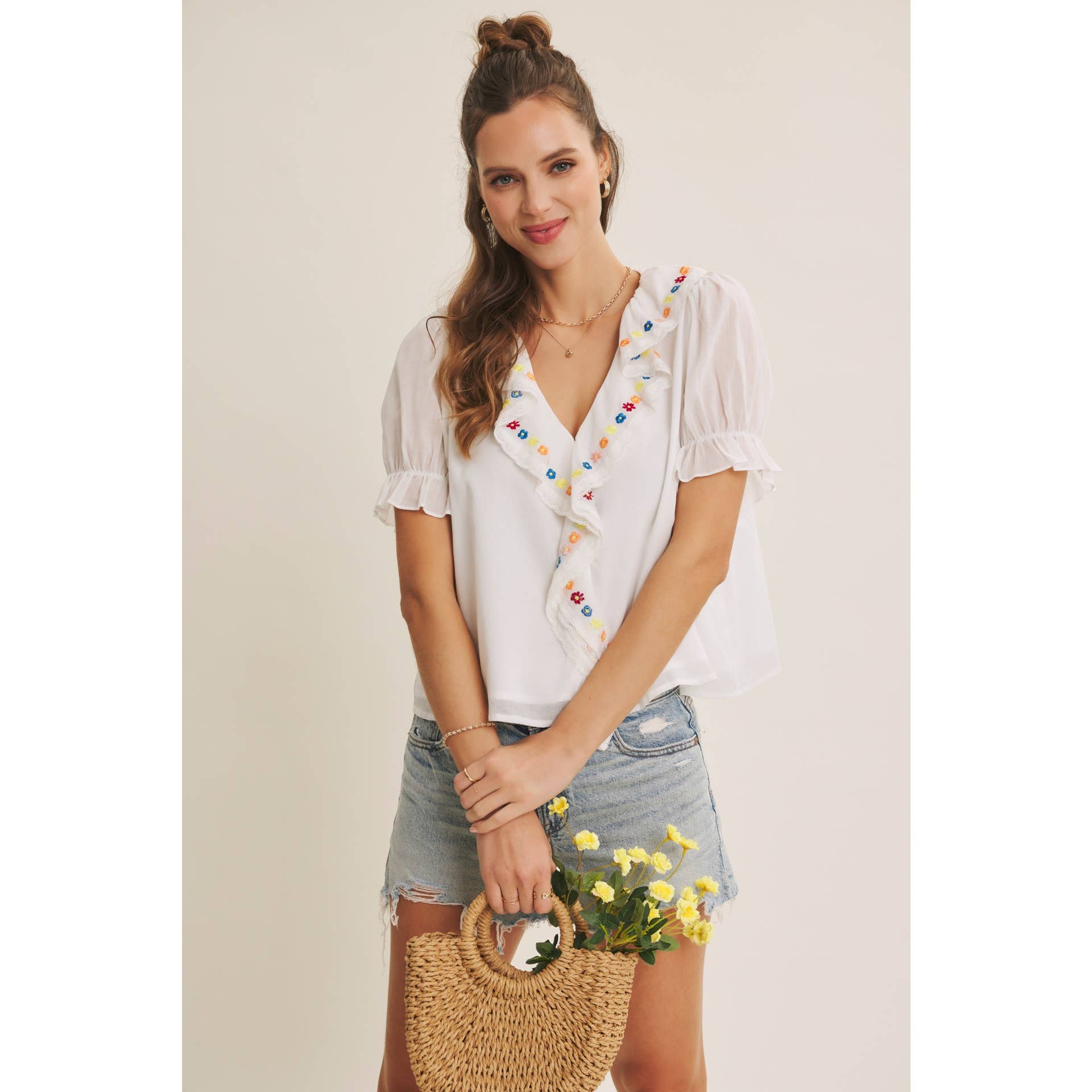 Steps Beach Embroidered Ruffle Top