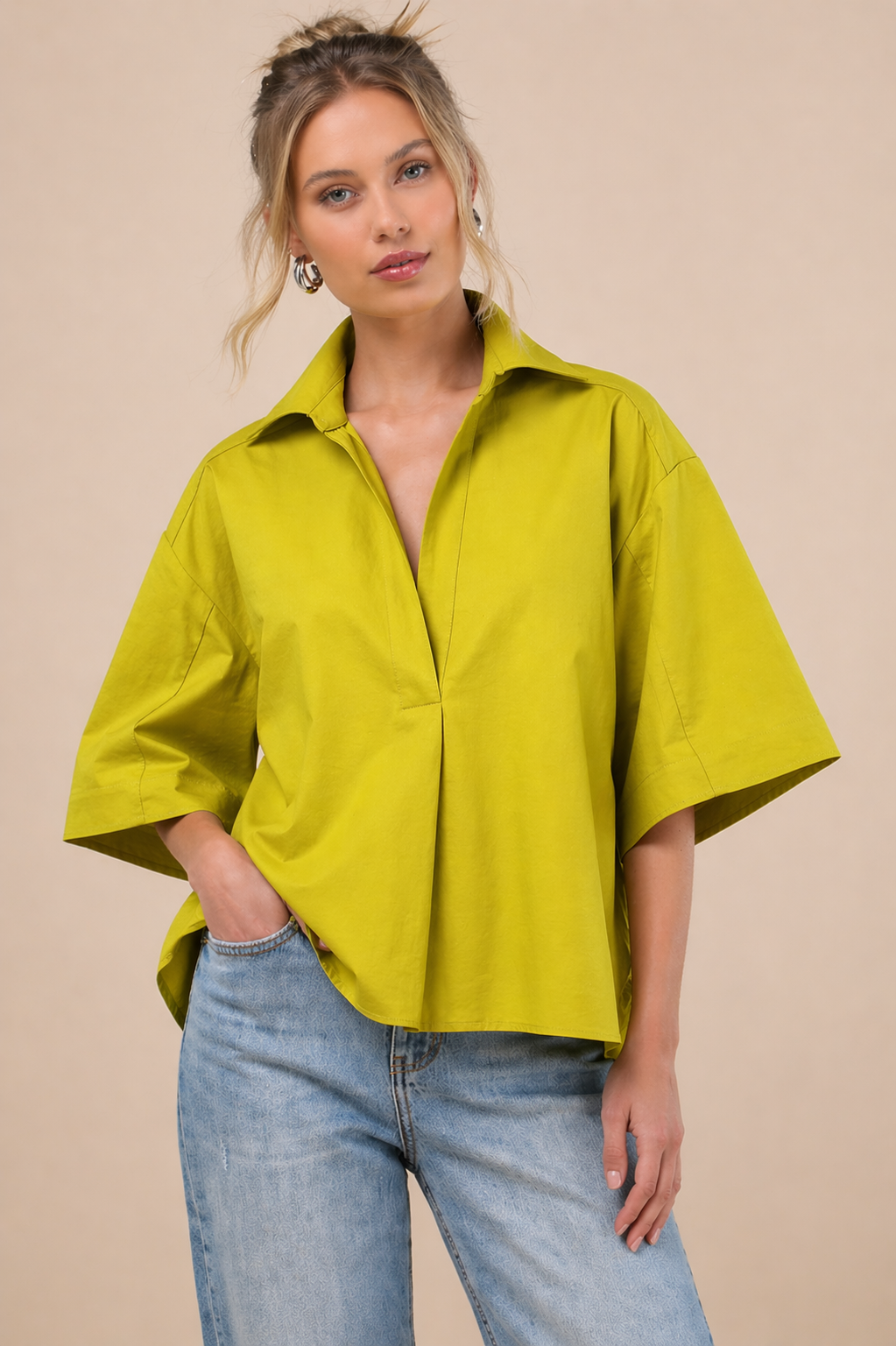 Kaia Oversized Button Down Top-Citron