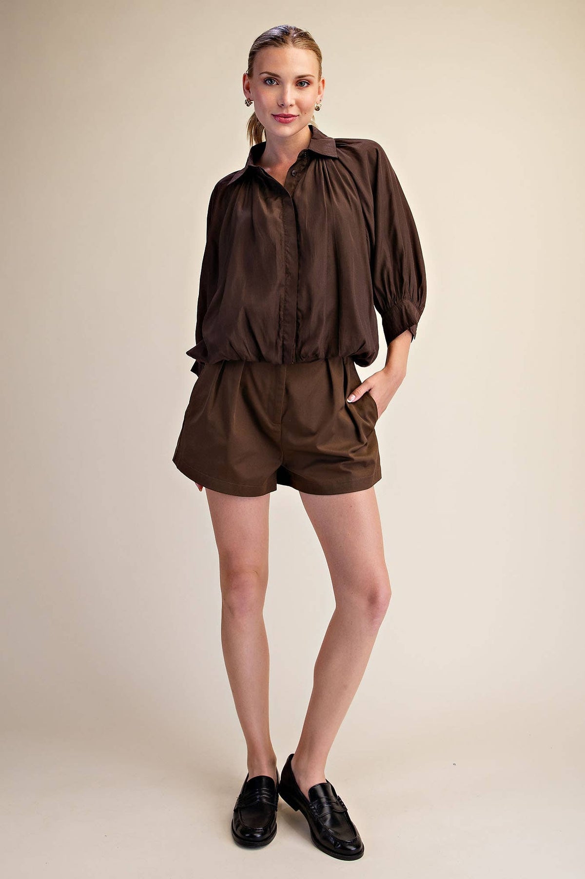 Yvette Puff Sleeve Top-Brown