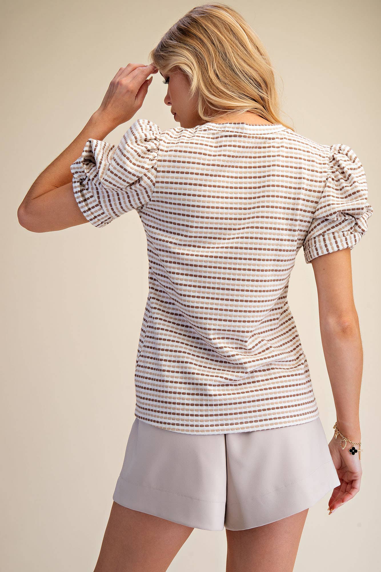Sunny Stripe Puff Sleeve Top-Beige