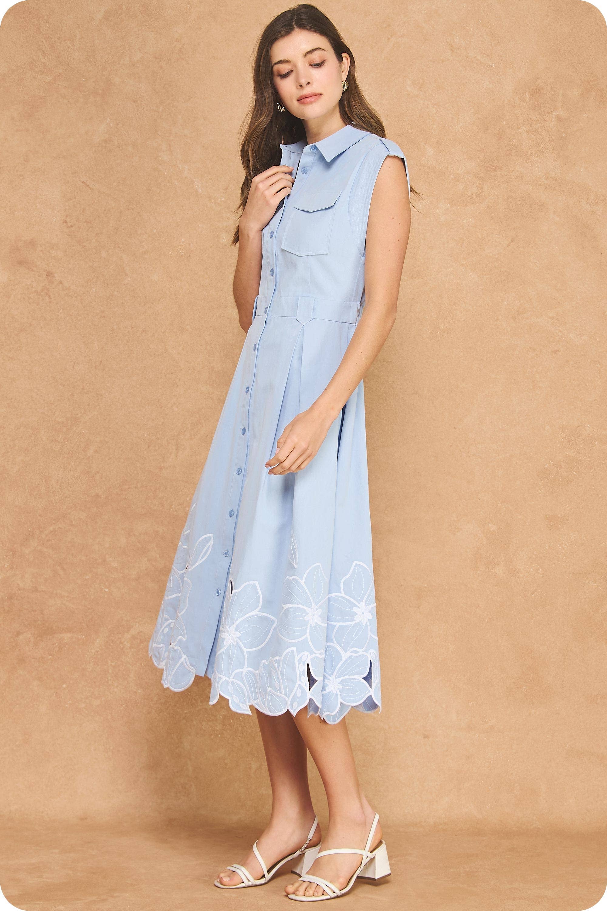 Garden Cutwork Embroidered Midi Dress-Chambray