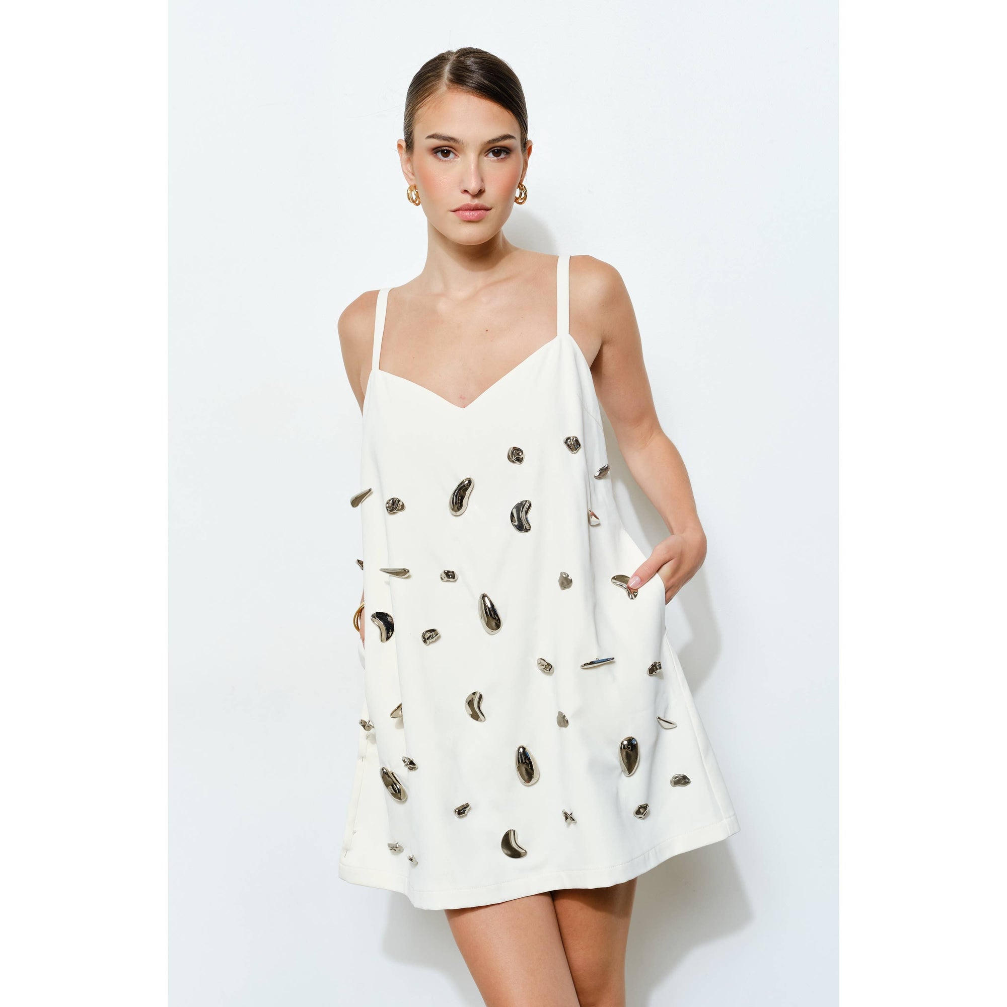 Something Special Embellished Mini Dress-Cream