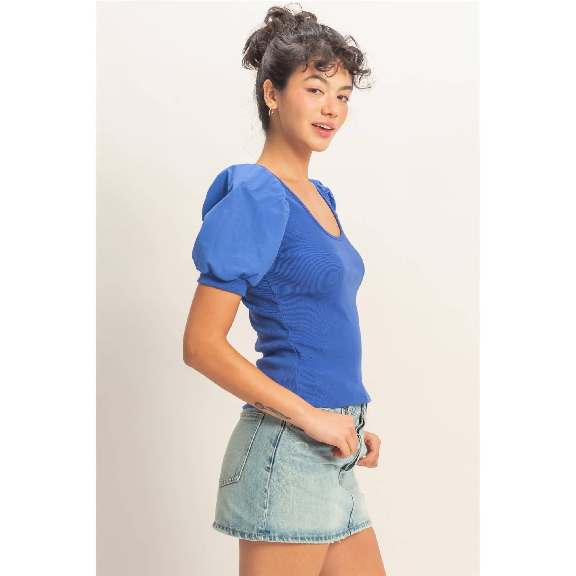 Perfect Fit Puff Sleeve Top-Cobalt