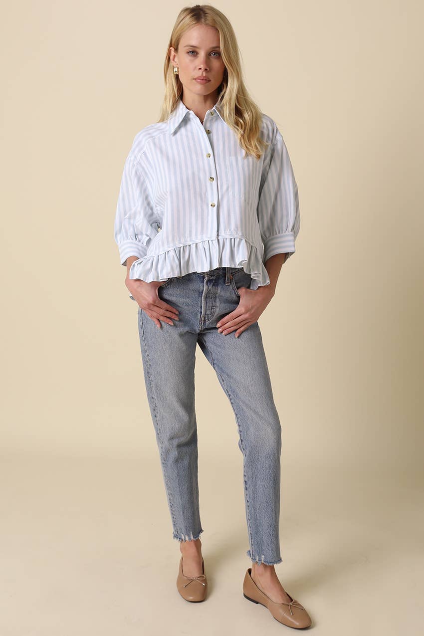 Mattie Striped Ruffle Hem Top-Blue