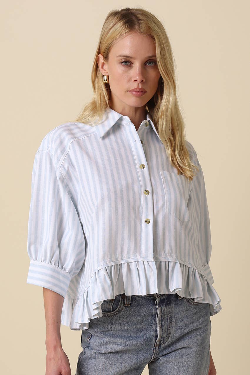 Mattie Striped Ruffle Hem Top-Blue