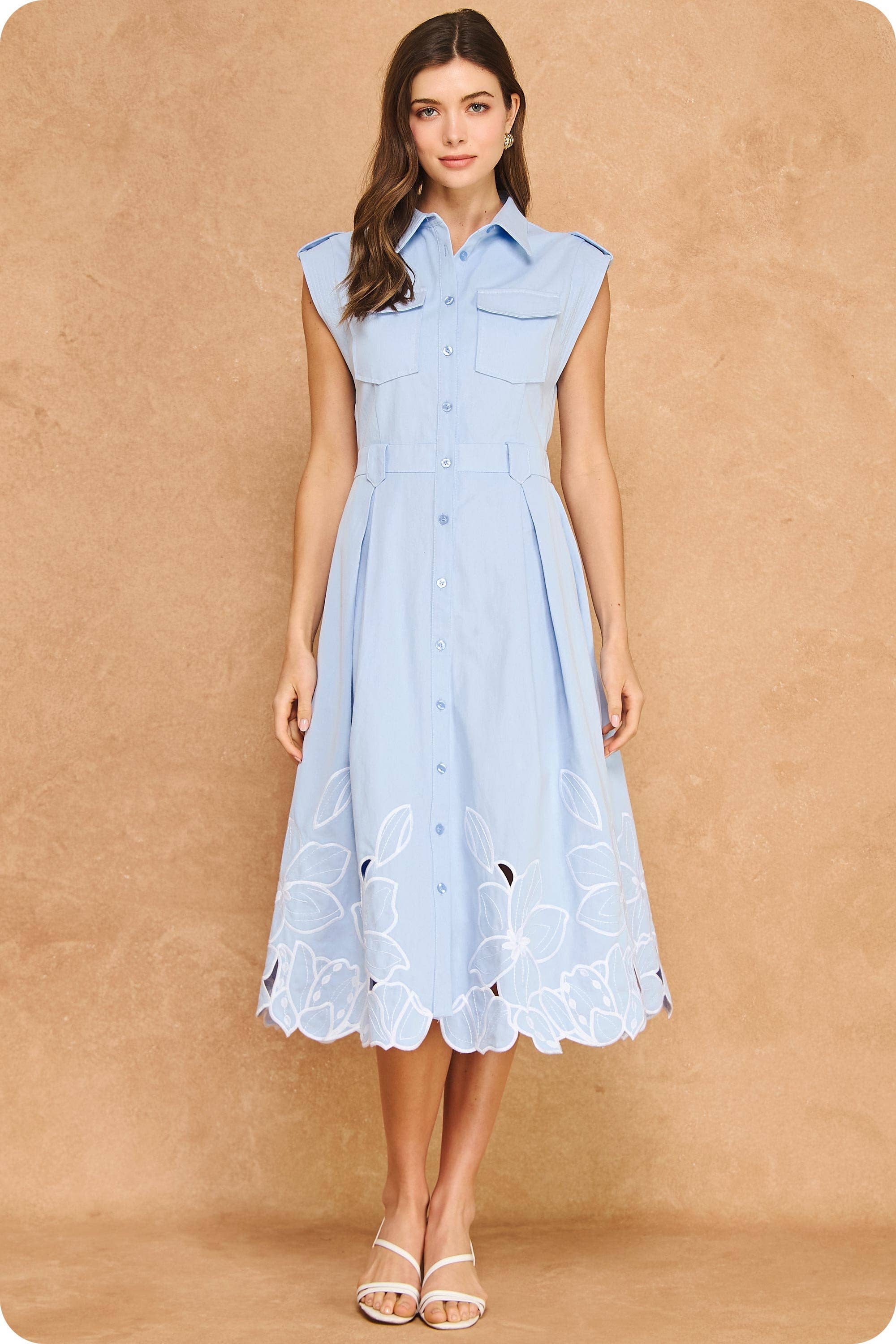 Garden Cutwork Embroidered Midi Dress-Chambray