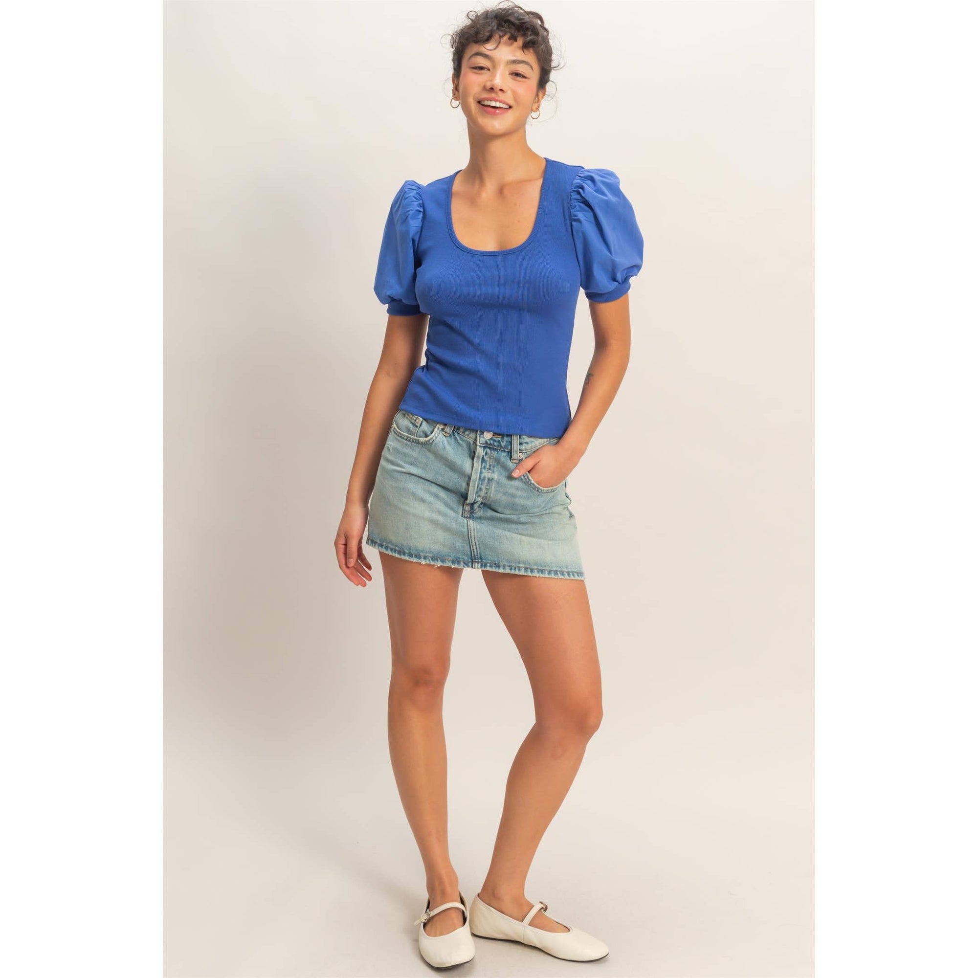 Perfect Fit Puff Sleeve Top-Cobalt