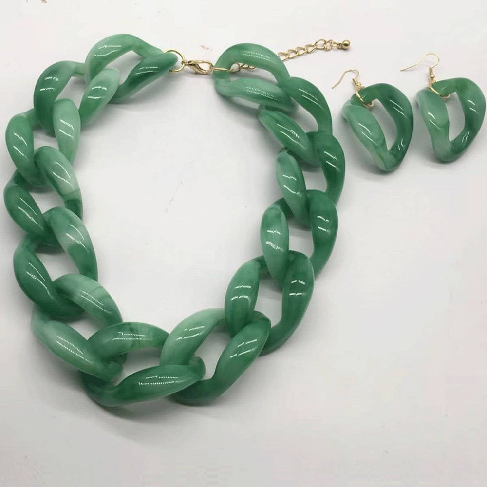 Chain Link Necklace and Earring Set-Green