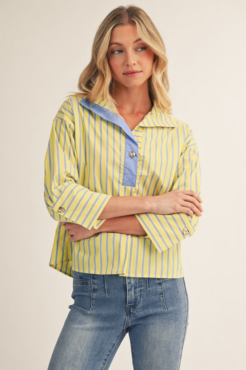 Isabella Stripe Collared Top-Yellow