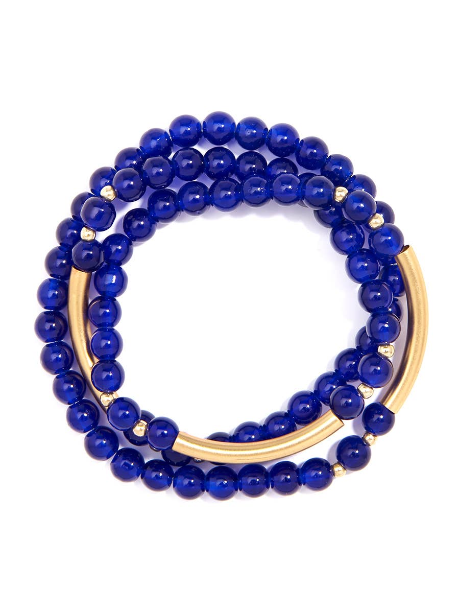 Glossy And Gold Beaded Wrap Bracelet-Cobalt
