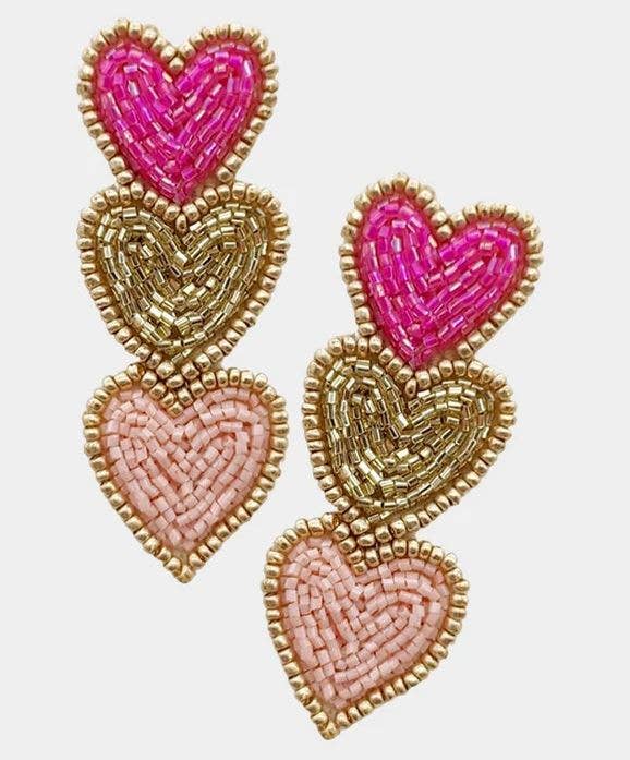 Heart on My Sleeve Beaded Earrings-Hot Pink/Gold/Light Pink