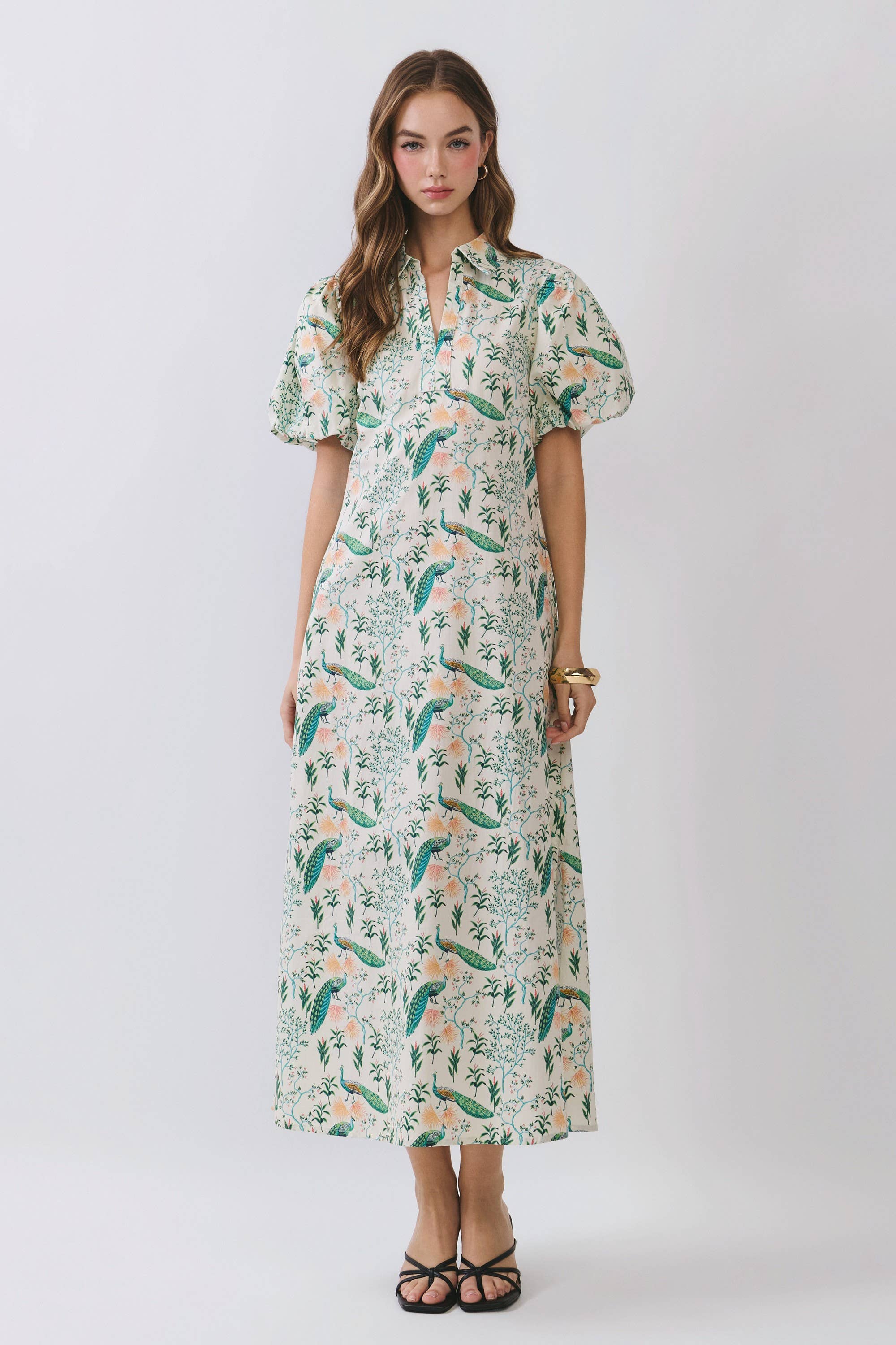 Peacock Puff Sleeve Midi Dress