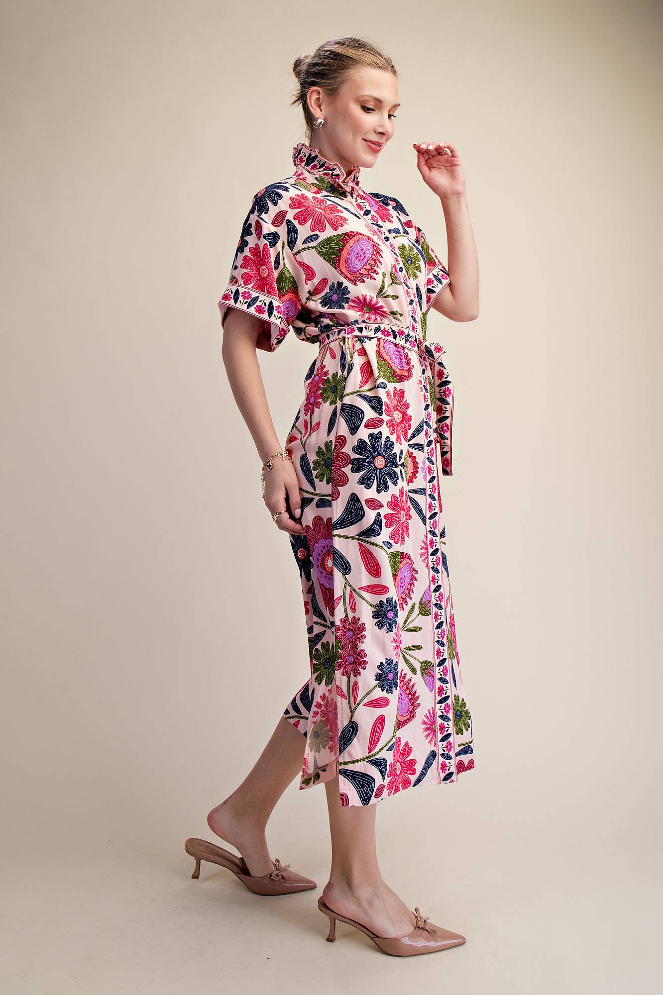 Garden Grace Tie Waist Midi Dress-Pink