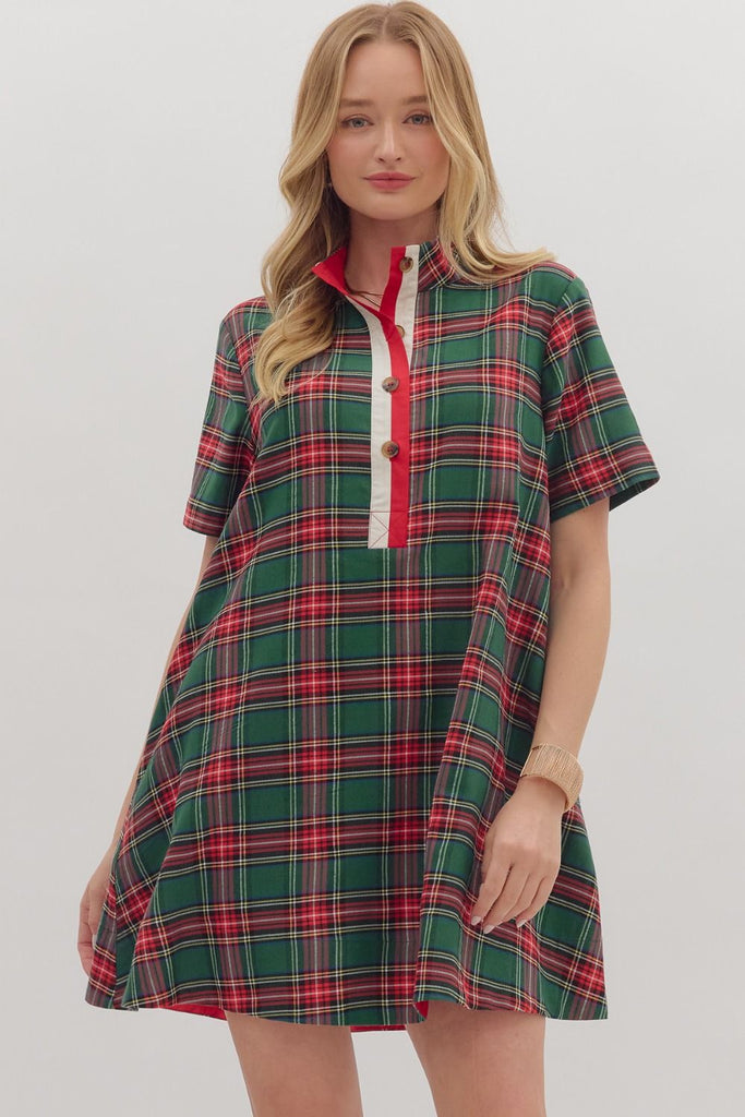 Joyful Plaid Mini Dress-Green