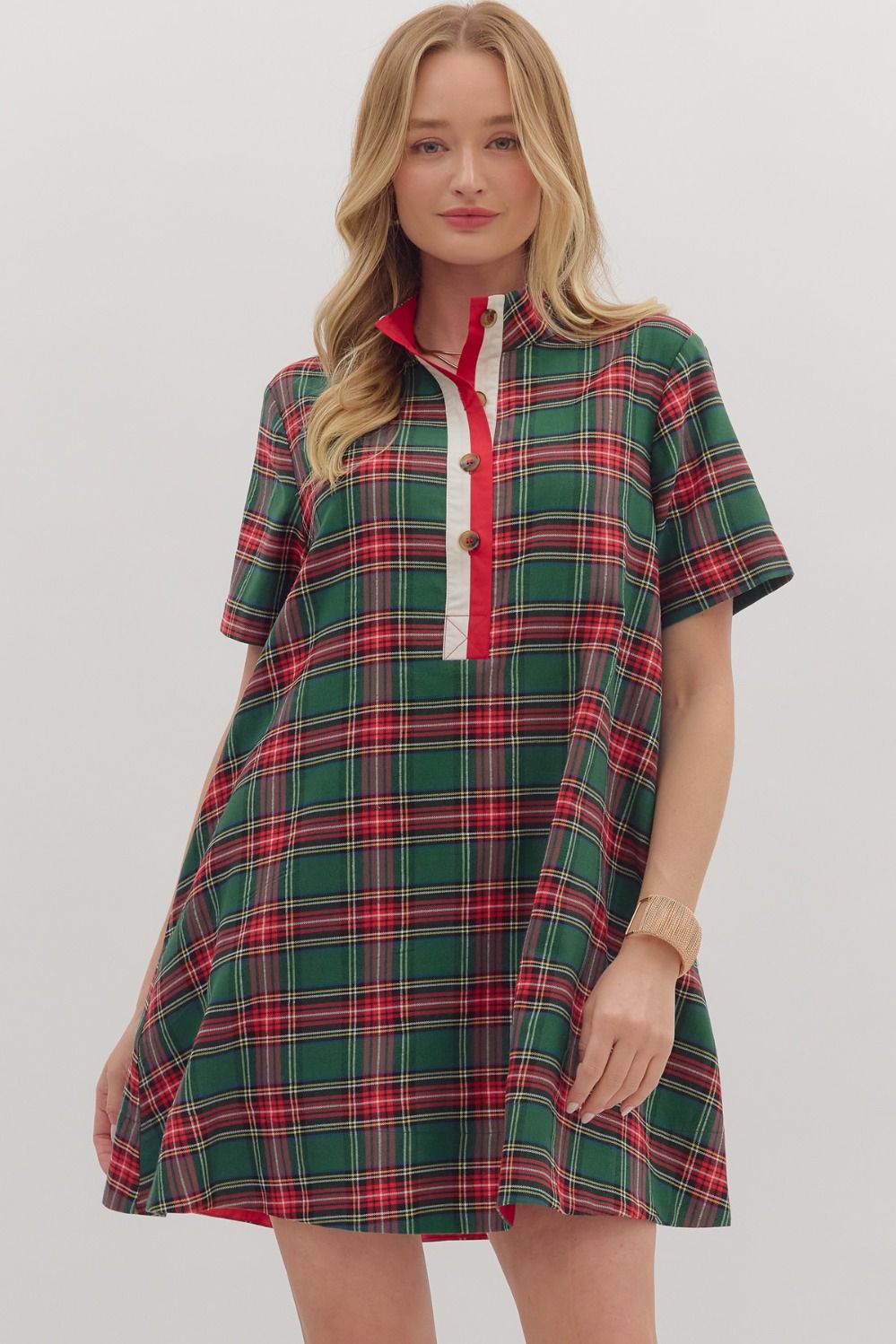 Joyful Plaid Mini Dress-Green