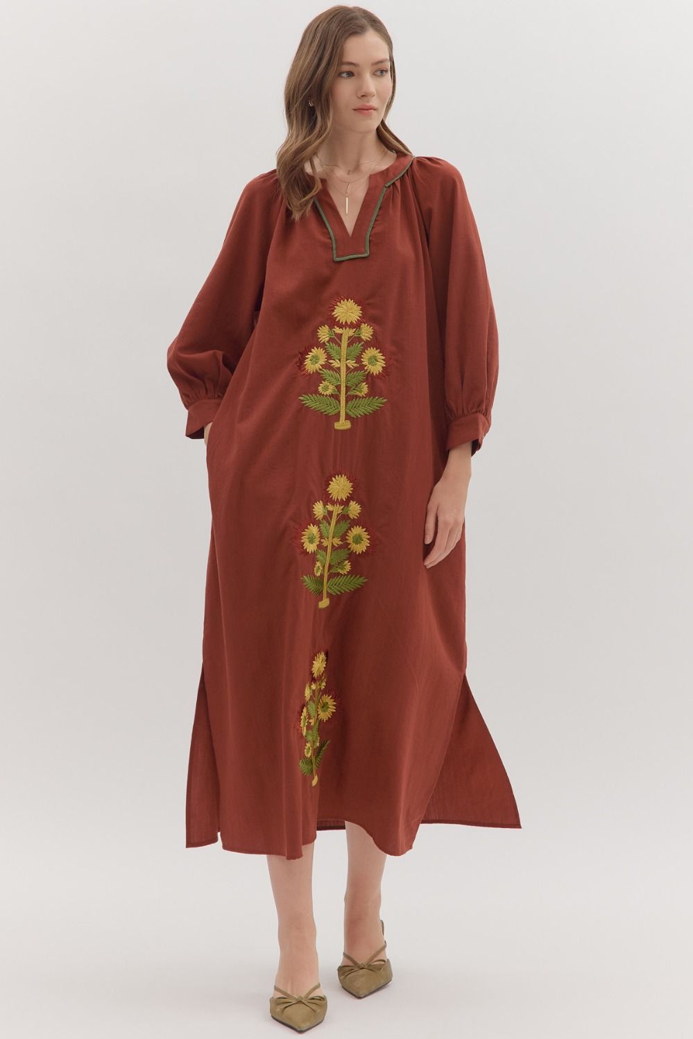 Sunflower Fields Embroidered Maxi Dress-Chestnut