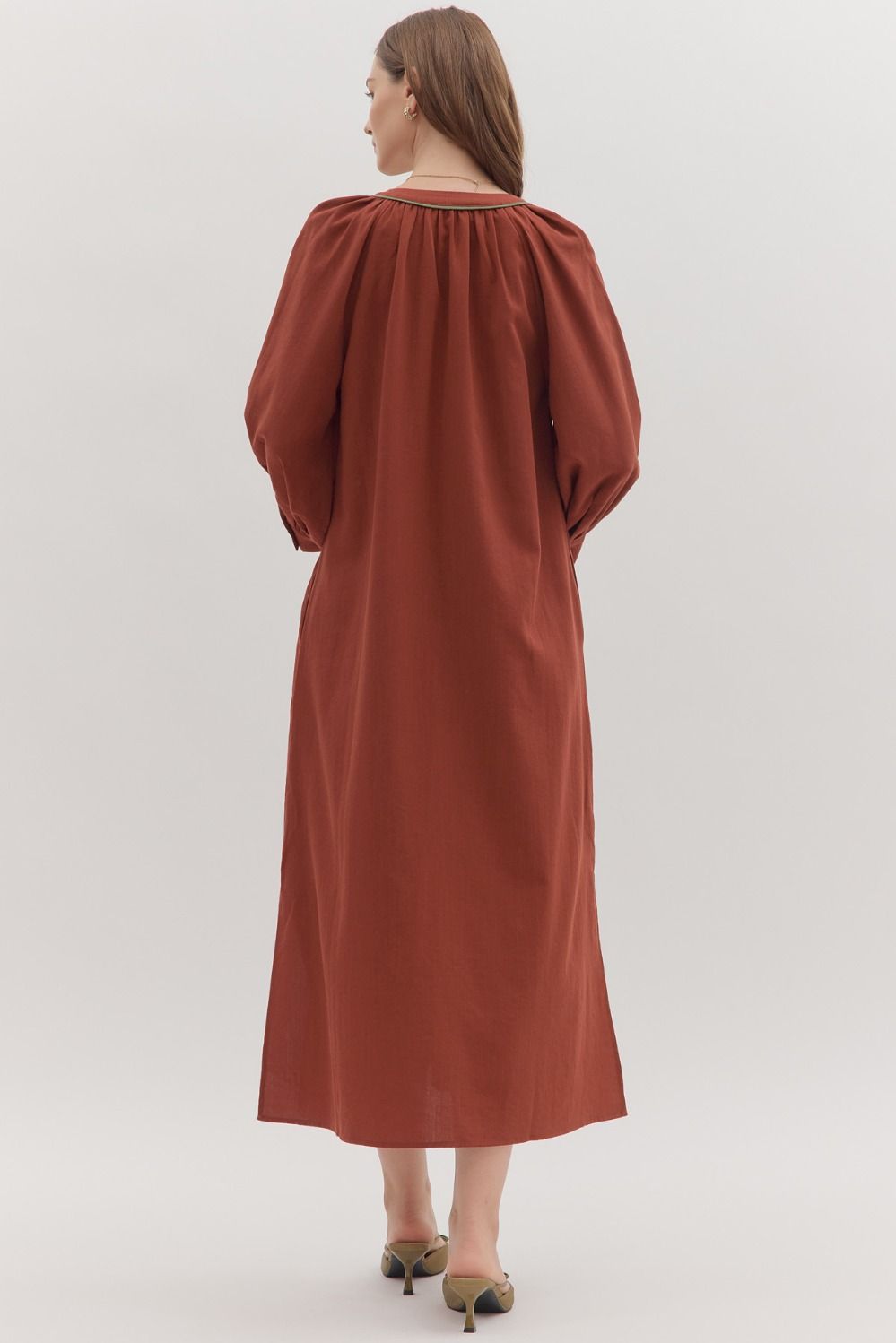 Sunflower Fields Embroidered Maxi Dress-Chestnut