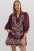Harvest Charm Embroidered Mini Dress-Merlot
