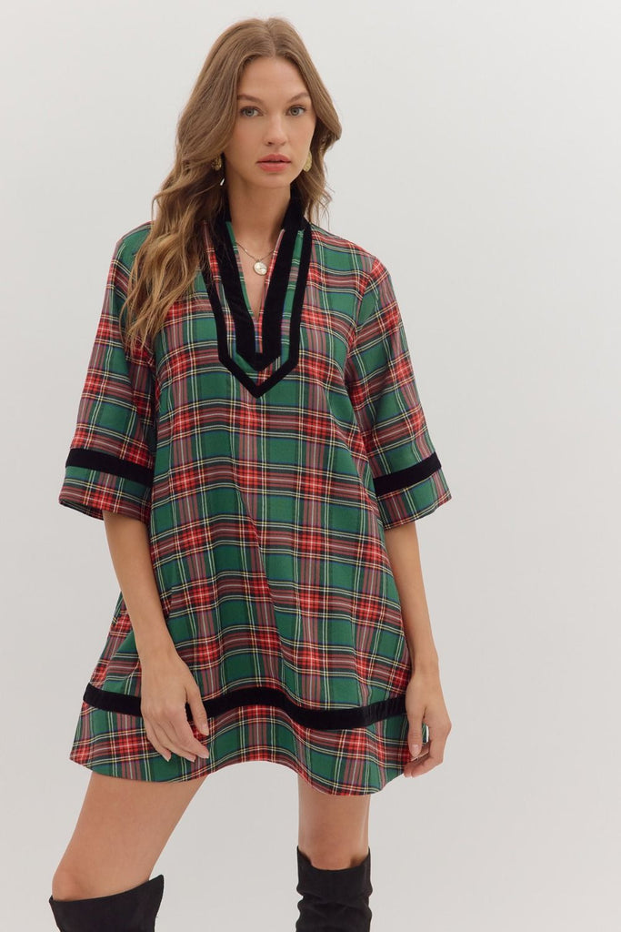 Holiday Cheer Plaid Mini Dress-Green
